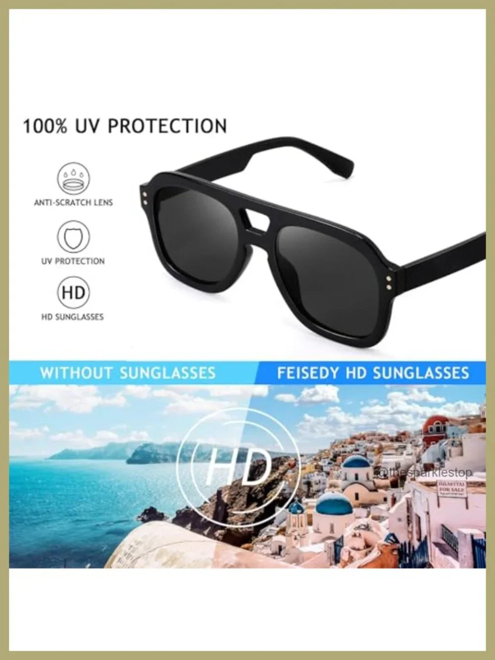 Vintage Aviator Sunglasses Double Bridge Square Thick Frame UV400 Protection